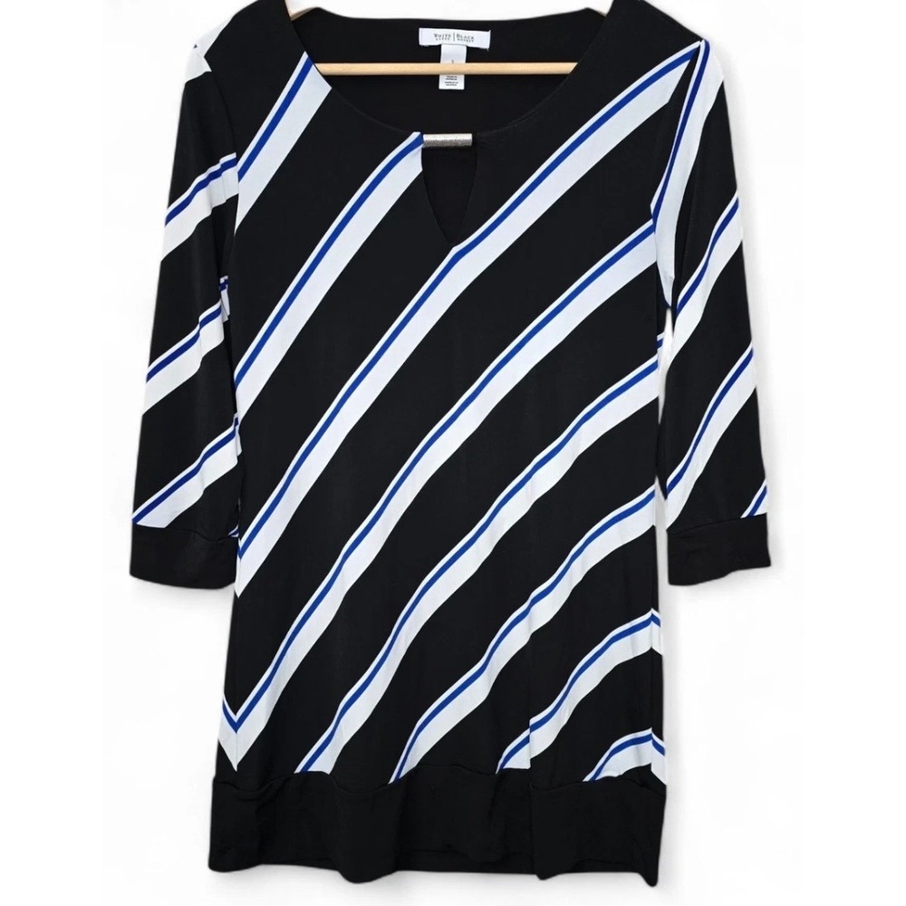 White House Black Market Striped Keyhole Tunic Top Black White Blue XXS